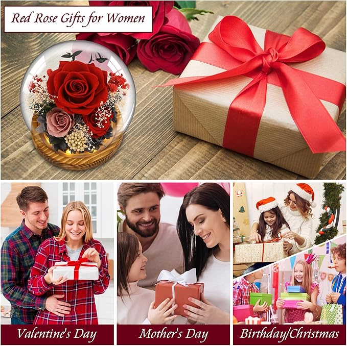 MOKOQI Birthday Gifts for Women Forever Flowers in Glass Dome, Fresh Flowers for Delivery Prime Forever Rose Gift for her Mom Wife Grandma on Christmas Birthday Anniversary