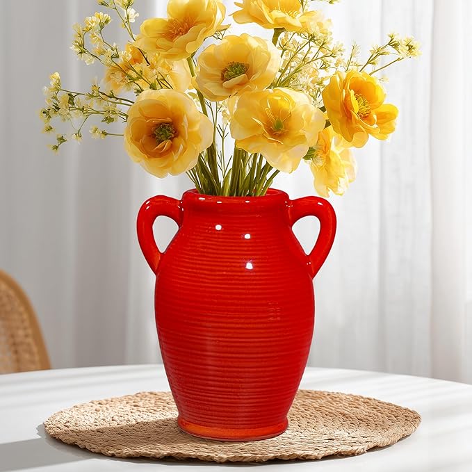 Sunddo Red Flower Vase for Home Decor, Modern Ceramic Vase for Centerpieces, Decorative Vase with 2 Handles, Kitchen, Bedroom, Office, Living Room & Bathroom, Shelf Decor, 8 Inch