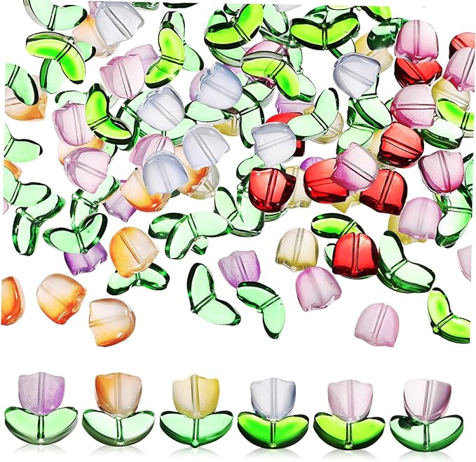 NUOBESTY 80Pcs Tulip Flower Glass Beads Kit Colorful Translucent Crystals for DIY Jewelry Making Bracelets Earrings Charms Craft Accessories
