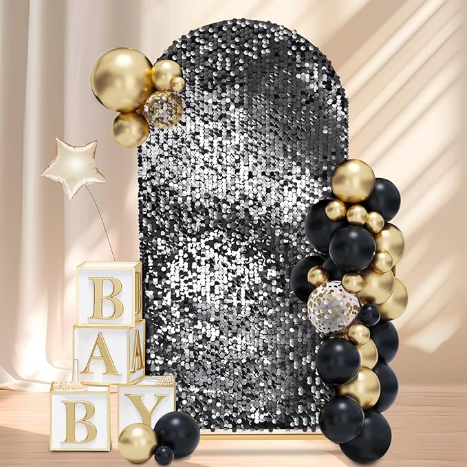 Fanqisi Big Payette Sequin Arch Covers: 6.6FT Arch Backdrop Covers Black Shimmer Fabric Cover for Party Halloween Decorations