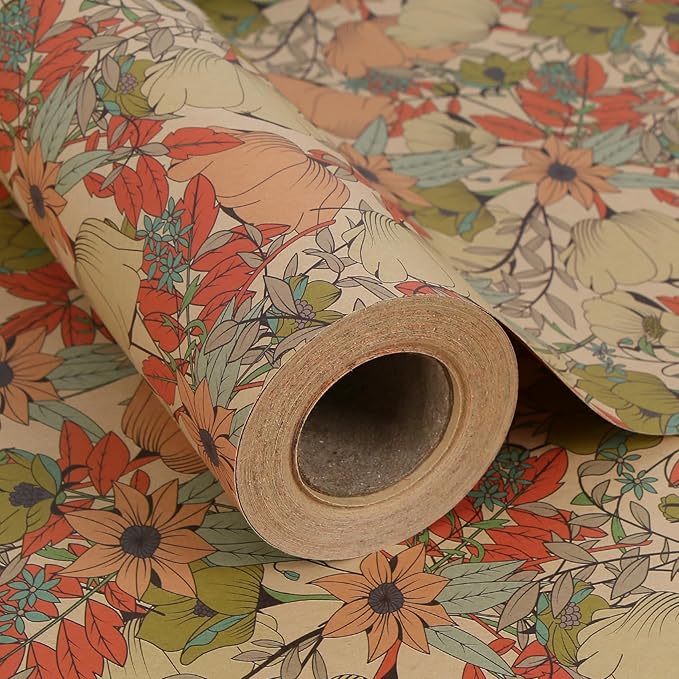 Aimyoo Kraft Floral Wrapping Paper Roll - Mini Roll - 17 Inch x 32.8 Feet - All Occasion Vintage Flower Gift Wrap Paper for Mother's Day Wedding Birthday Bridal Shower