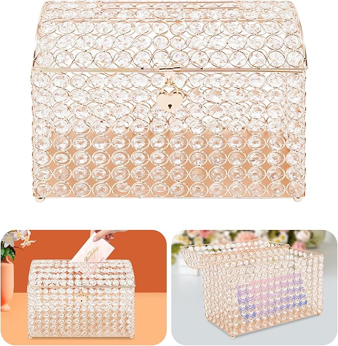Crystal Wedding Card Box With Heart Lock, Gold Crystal Treasure Chest Money Card Gift Decorative Memory Box for Wedding Birthday Graduation Party