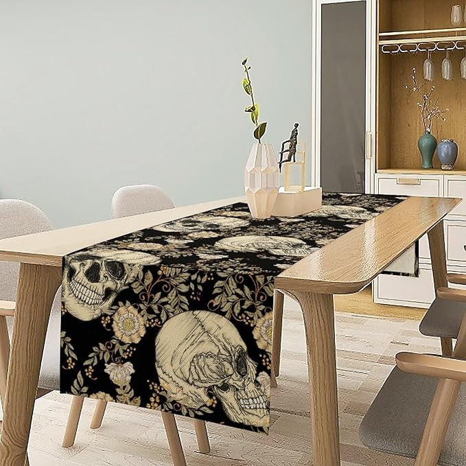 Gothic Table Runner,Vintage Floral Skull Print Table Runner for Home Kitchen Table Dining Garden Farmhouse Wedding Party Decor 13x70 Inch
