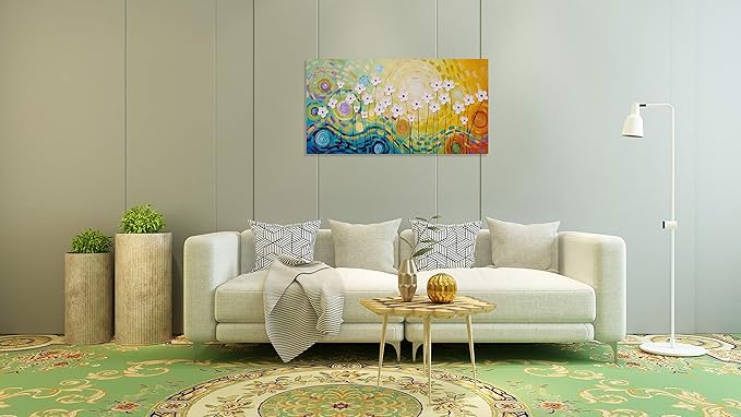 Yihui Arts Hand-Painted Textured Floral Oil Painting on Canvas - Vibrant Abstract White Flowers Wall Art for Living Room, Bedroom, Modern Home Decor