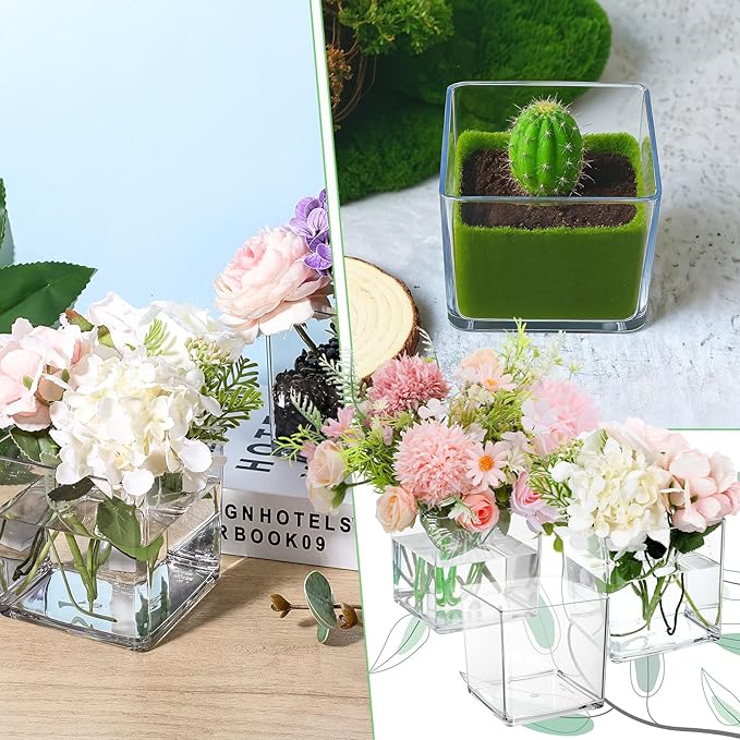 4Pcs Clear Acrylic Flower Vase 6 x 6 x 6Inch Square Flower Vase Clear Cube Flowers Vases for Wedding Centerpieces, Party, Home Office Decoration