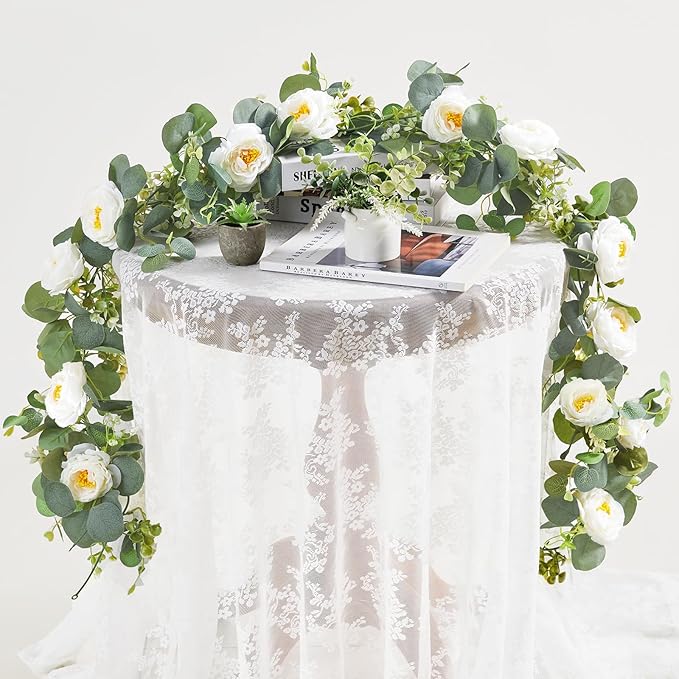 4 Pack Artificial Eucalyptus Flower Garland with White Roses, Faux Floral Greenery Garland Fake Flower Vines for Wedding Party Centerpiece Table Runner Arch Party Backdrop Decor (4PCS, White)