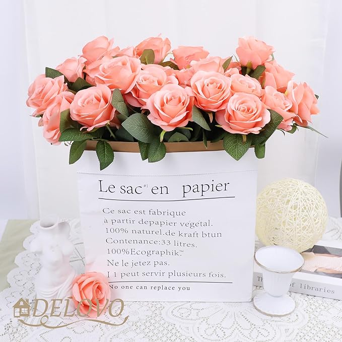 52pcs Coral Peach Roses Artificial Flowers Fake Flowers Silk Roses with Stems for DIY Wedding Bouquets Bridal Shower Centerpieces Arrangements Party Decorations