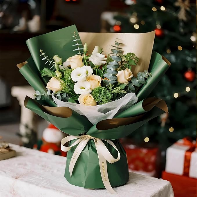 LeZakaa 20 Sheets Christmas Flower Wrapping Paper, Retro Green and Gold Design Waterproof Reversible Floral Bouquet Paper, for Valentines, Mothers Day, Party, Birthday, Wedding, Baby Shower