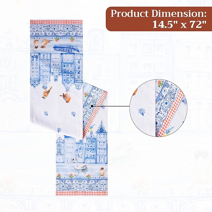 Maison d'Hermine Table runner 100% Cotton Double Layer Table Runners 72 inches long Decorative for Home Kitchen Dining Party Baby Shower Wedding Bridal Shower SpringSummer(Amsterdam Canals,14.50"x72")
