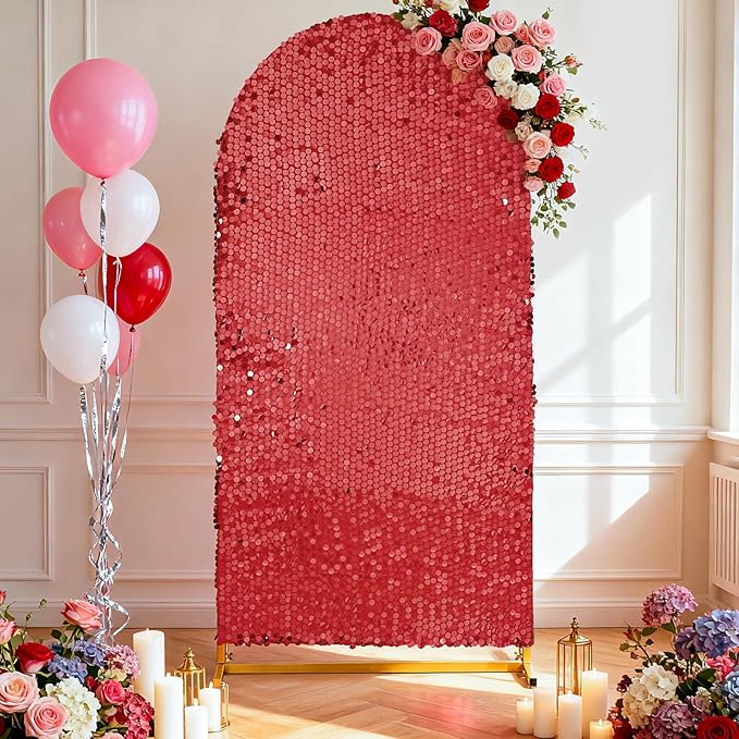 7.2FT Red Arch Cover Sequin: Wedding Arch Shimmer Backdrop Covers Sparkle Arched Stand Covers Glitter Backdrop Spandex Covers for Prom Party Decorations