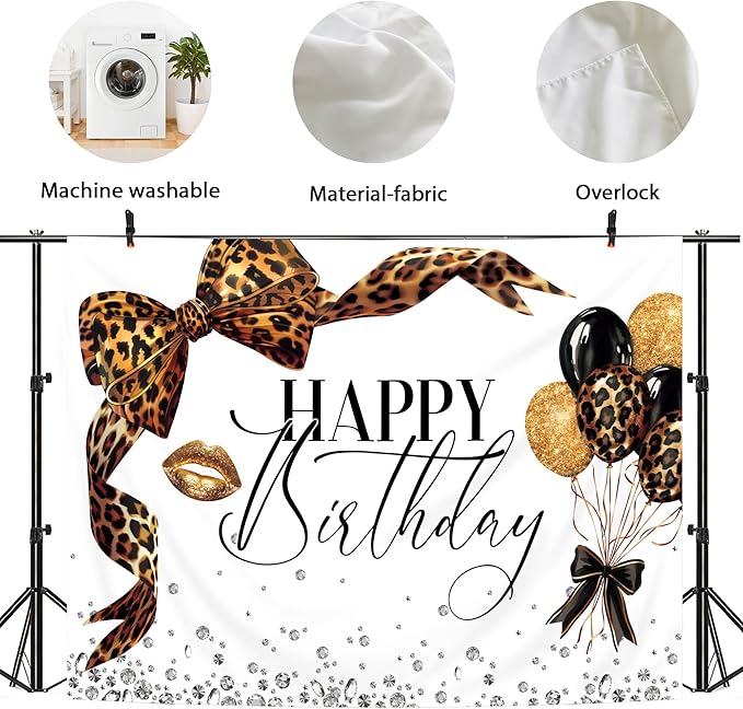 Leopard Print Bow Backdrop 8Wx6H Photography Brown White Gold Beauty Modern Bowknot Balloons Diamond Bownot Background Fashion Girly Party Decorations Banner Photo Booth Props Supplies