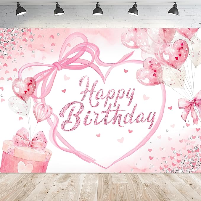 Coquette Happy Birthday Backdrop 5Wx3H Photography Pink Bow Heart Balloons Modern Preppy Diamonds Sweet Princess Background for Girls Teens Party Decorations Banner Photo Booth Props Supplies