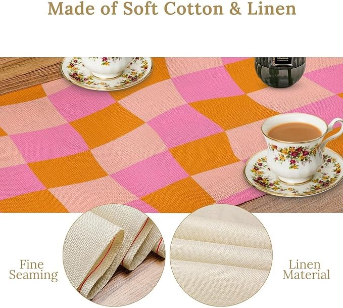Checkered Table Runner Orange Retro 60s70s Boho Style Kitchen Restaurant Decoration Suitable for Indoor and Outdoor Festival Home Wedding Party Table Runner 13x120 Inch