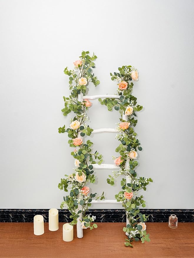 6FT Artificial Eucalyptus Garland with 10 Pink Roses and Baby Breath Flower Greenery Garland for Table Centerpiece Party Wedding Decor Indoor Outdoor Backdrop Wall Decorations