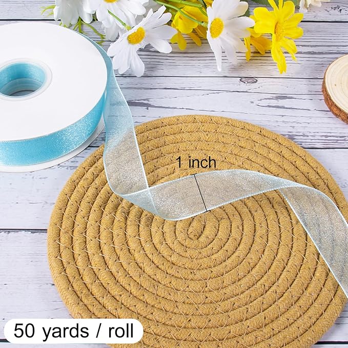 Sheer Organza Ribbon 1 Inch Chiffon Ribbons for Gift Wrapping, Flower Bouquet, 50 Yards/Roll (Blue)
