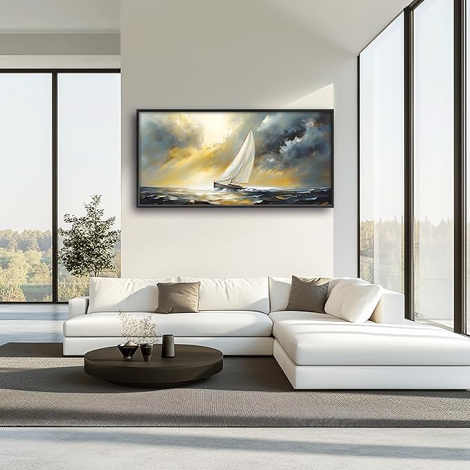 Ocean Sailboat Large Wall Art Framed Wall Decor for Living Room Abstract Boat Pictures Oversized Canvas Print Painting Modern Extra Large Artwork for Bedroom Office Home Decor 60"x30"