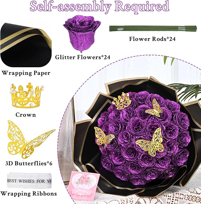 Waipfaru Glitter Roses Bouquet, DIY Fake Flowers Bouquet, Birthday Gifts for Women Mom, 24 Pcs Purple Rose for Wife Girlfriend Valentines, Mothers Day, Anniversary, Graduation