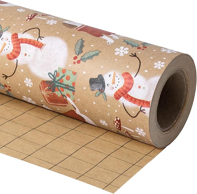 WRAPAHOLIC Kraft Christmas Wrapping Paper - Mini Roll - 17 Inch x 33 Feet - Snowman and Christmas Dog Wrapping Paper for Holiday, Party Celebration
