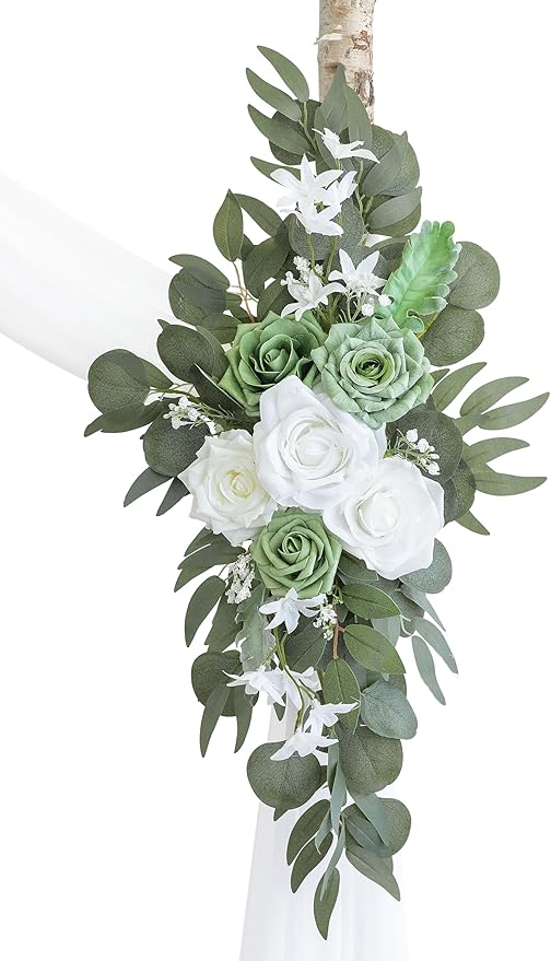 ponatia Wedding Arch Flowers with 26Ft White Arch Draping Fabric, Artificial Sage Green Wedding Flowers for Wedding Welcome Signs Decorations and Arch Flowers for Wedding Ceremony Reception