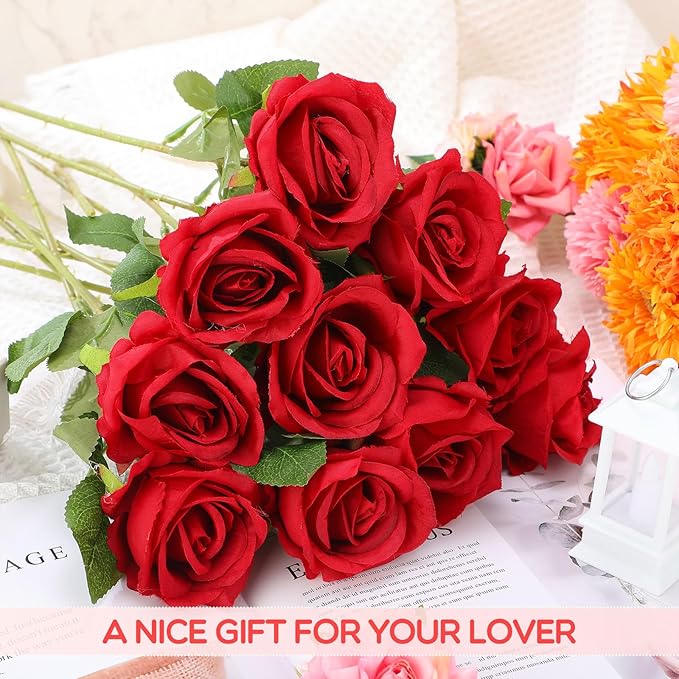 Hotop 120 Pcs Roses Artificial Flowers in Bulk,Long Stem Artificial Flower Bouquet,Silk Real Touch Fake Rose for Wedding Party Table Centerpieces Decor Valentines Gifts(Red)