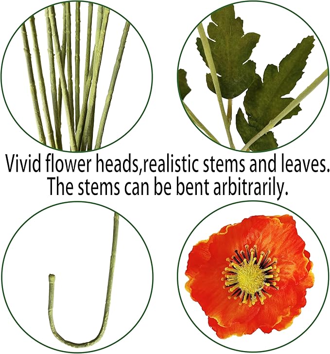 ATFL Orange and Red Poppy Flowers Artificial,12 Pcs Silk Fake Poppy Flowers,Faux Poppies Bulk for Home Decor Table Centerpieces Floral Arrangement,Poppies Bouquet for Wedding (23.5‘’, Orange-red)