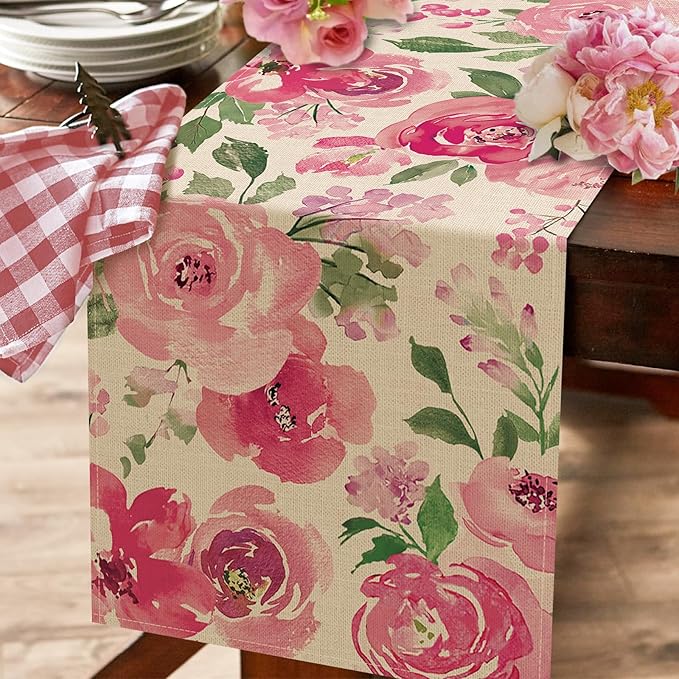 Seliem Spring Summer Watercolor Flower Table Runner, Pink Peony Floral Kitchen Dining Table Decor, Seasonal Burlap Home Decoration Indoor Outdoor Party Supply 13 x 72 Inches