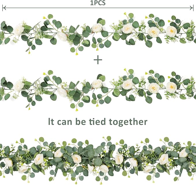 TOCHGREEN 2 Pack 13Ft Artificial Eucalyptus Flower Garland with White Roses, Fake Rose Flower Greenery Garland Floral Vines for Wedding Home Party Table Runner Decor (2PCS, White)