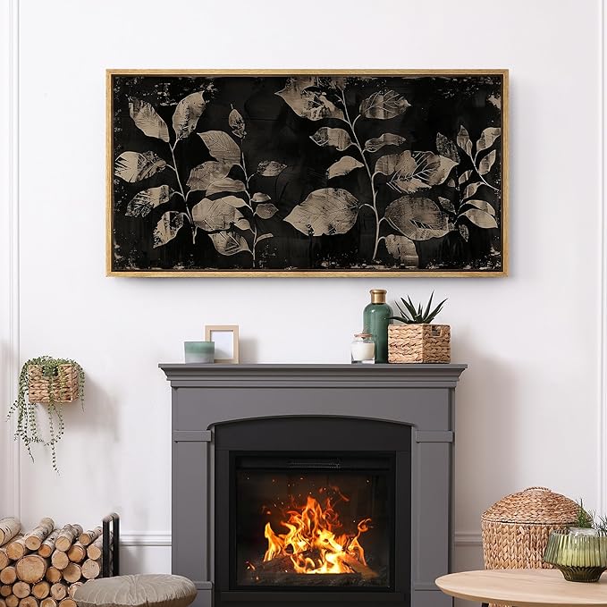 SIGNFORD Extra Large Framed Canvas Print Wall Art Modern Noir Leaves Monochrome Botanical Shadows Illustrations Modern Art Calm Warm for Living Room, Bedroom, Office - 60"x30"