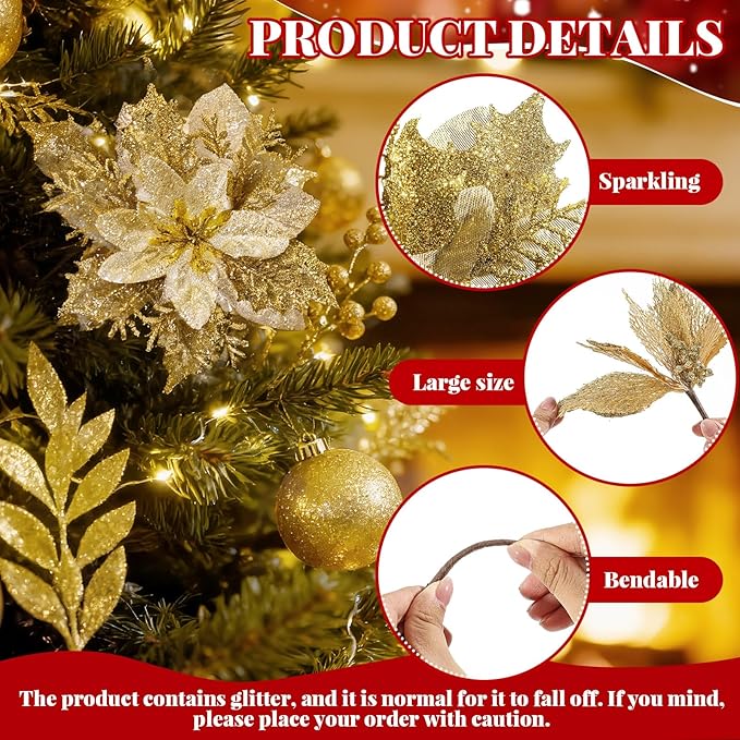 Yerliker 108 Pcs Gold Glitter Christmas Picks and Sprays, 12 Styles Artificial Christmas Floral Berry Branches Flowers Stems for Xmas Tree Ornaments Wreath Garland DIY Vase Holiday Party Decor