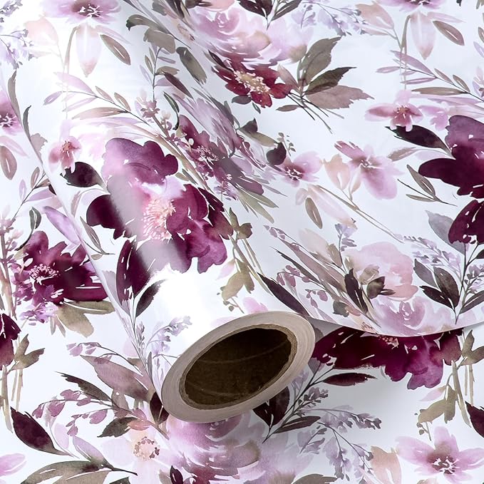 WRAPAHOLIC 30 Inch Reversible Floral Wrapping Paper - 30 Inch X 33 Feet - Purple Flower Wrapping Paper for Wedding, Birthday, Mothers Day, Baby Shower, Anniversary, Bridal Shower