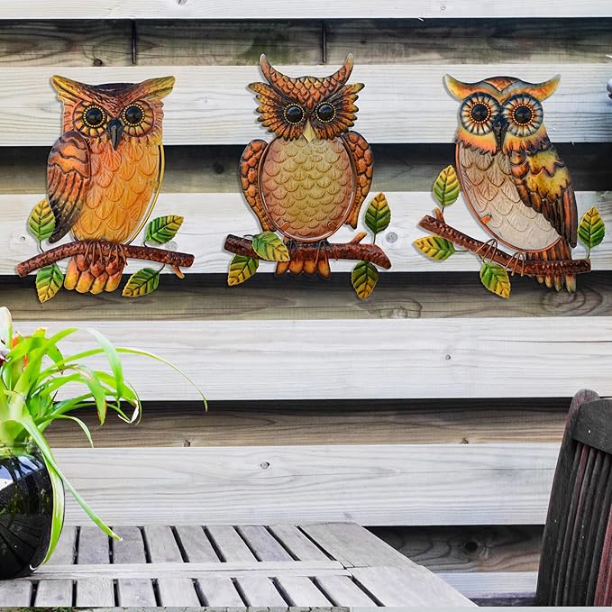 Owl Decor Metal Wall Art Outdoor Indoor,9 Inch Set of 3,Exquisite Owl Decorations for Home Garden Patio Porch Bedroom Kitchen, Metal Bird Wall Art