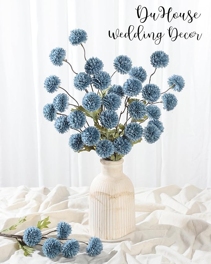 DuHouse 6pcs Artificial Flowers Faux Silk Pompon Mum,Silk Small Mini Chrysanthemum Ball with Stems for DIY Bouquets Centerpieces Vase Home Table Kitchen Decorations(Dusty Blue)