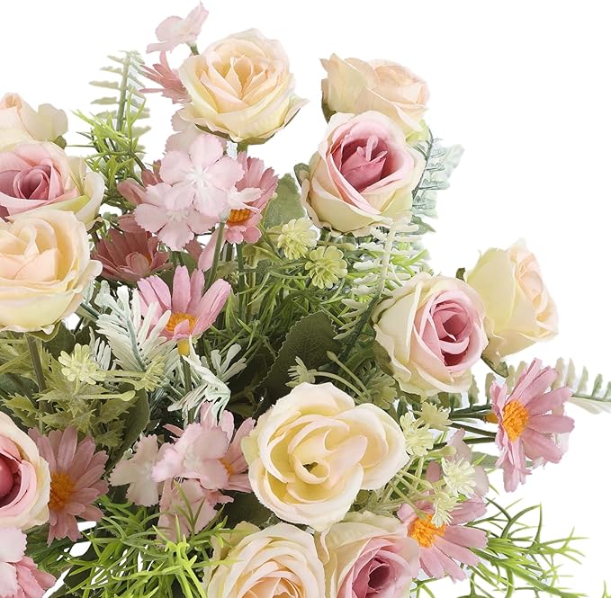 Artificial Flowers Fake Rose Bouquet 3 Pack Artificial Flowers Bouquet Plastic Flower Arrangements Wedding Decoration Table Centerpieces(Purple)