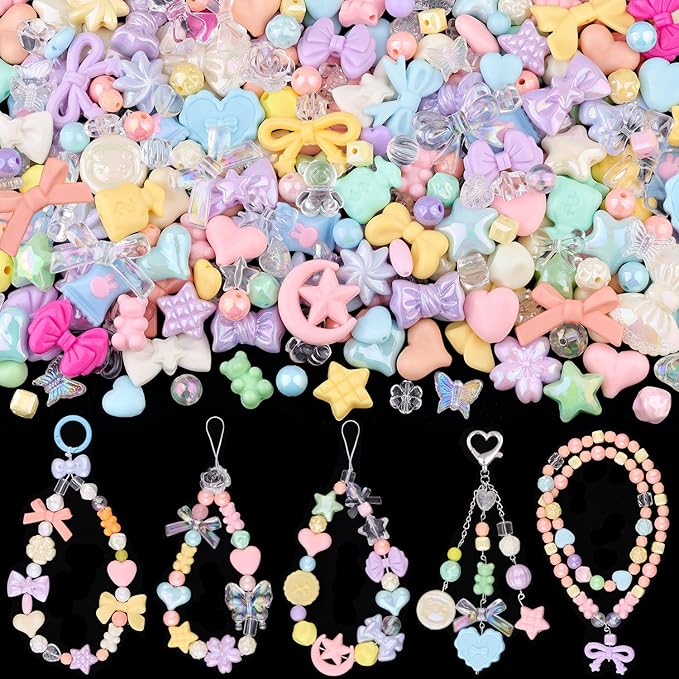 Assorted 200-260PCS Macaroon Color Acrylic Beads for Bracelet Making, Bow Candy GummyBear Bracelet Charms,Cute Beads for Jewelry Making DIY Necklace Keychain Phone Charm Christmas Gift
