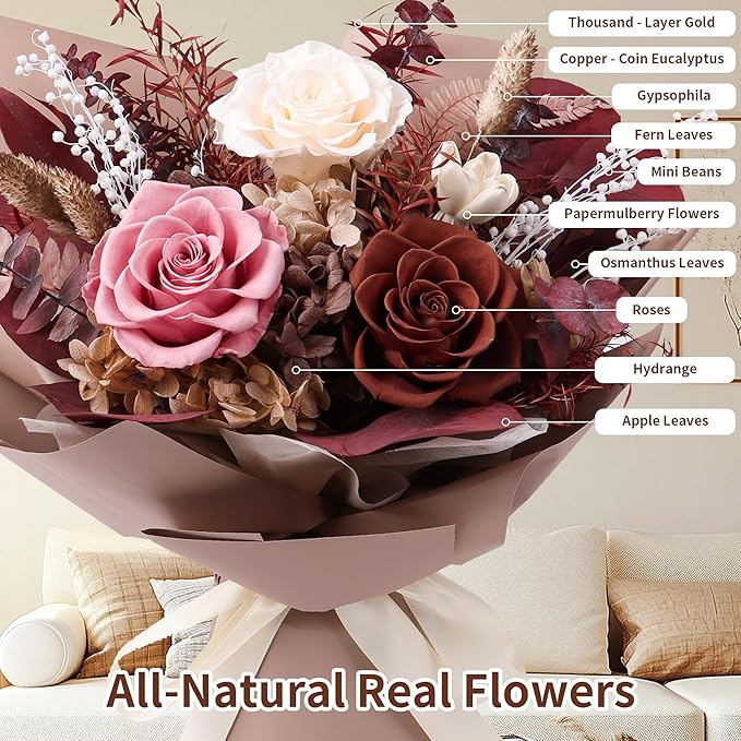 Preserved Flowers Bouquet, Real Eternal Flowers, Gifts For Women, Birthday Gifts For Mom Friends Her Girlfriend Sister, Valentine (Caramel)
