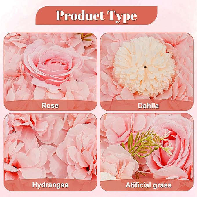 12Pcs Artificial Flower Wall Panel 3D Floral Backdrop Walls 15" X 15" Flower Wall Decor Flower Backdrop Faux Flowers Panel for Party Home Background Decor, Pink/Champagne