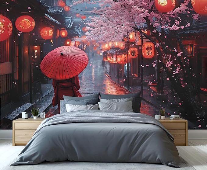 Japanese Street Wall Mural, Cherry Blossom Lantern Scene 3D Wall Murals, Romantic Rainy Evening Japan Wallpaper Mural, for Living Room Bedroom Large Wallpaper Indoor Decor 169.3" W x118.2 H