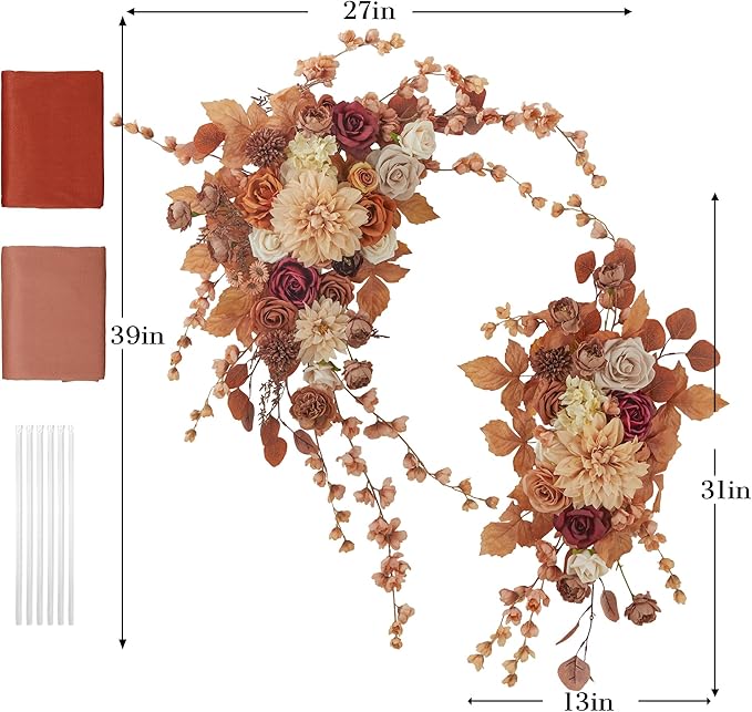 Ting's time Artificial Wedding Arch Flowers Kit(Pack of 4) 2pcs Large Artificial Flower Swags with 2pcs Draping Fabric for Wedding Party Ceremony Decoration(Burnt Orange)