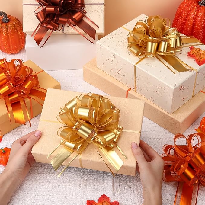 48 Pcs Christmas Large Pull Bows for Gift Wrapping 6 Inch Colorful Ribbon Pull Bows for Presents Boxes Basket Gifts Wrapping Xmas Birthday Wedding Holiday Party Decoration(Gold Orange Brown)