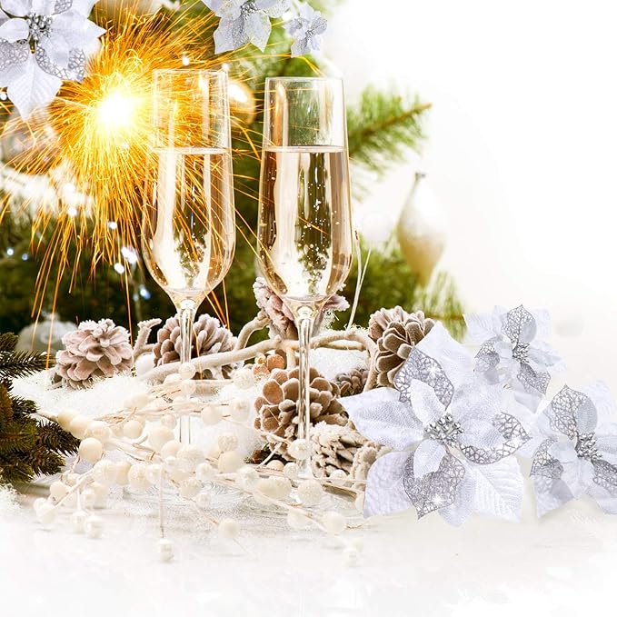 Boao 24 Pieces Christmas Artificial Glitter Poinsettia Flowers Xmas Flowers Wedding Christmas Tree New Year Ornaments(Silver)