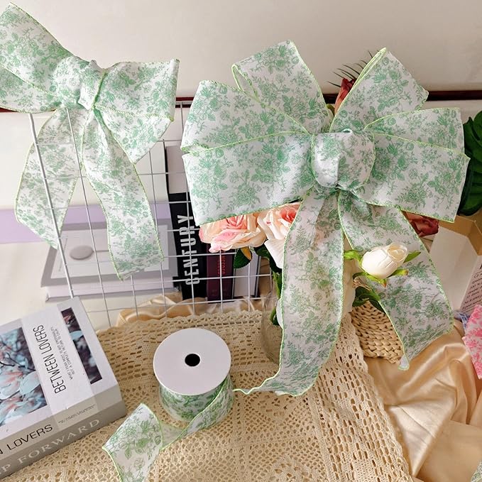 Green Floral Wired Ribbon 2.5 Inch Chinoiserie Vintage Flower Decorative Fabric White and Green Ribbon for Bow Wreath DIY Crafts, 15 Yards