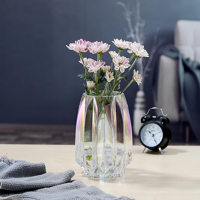 Glass Vase - Modern Ribbed Glass Vase for Flowers, Candles, and Decorative Accents -Black Grey, Amber, Clear and Colored Tall/Short Glass Vase for Centerpieces Home Table Decor (Colored, H-7.87inch)