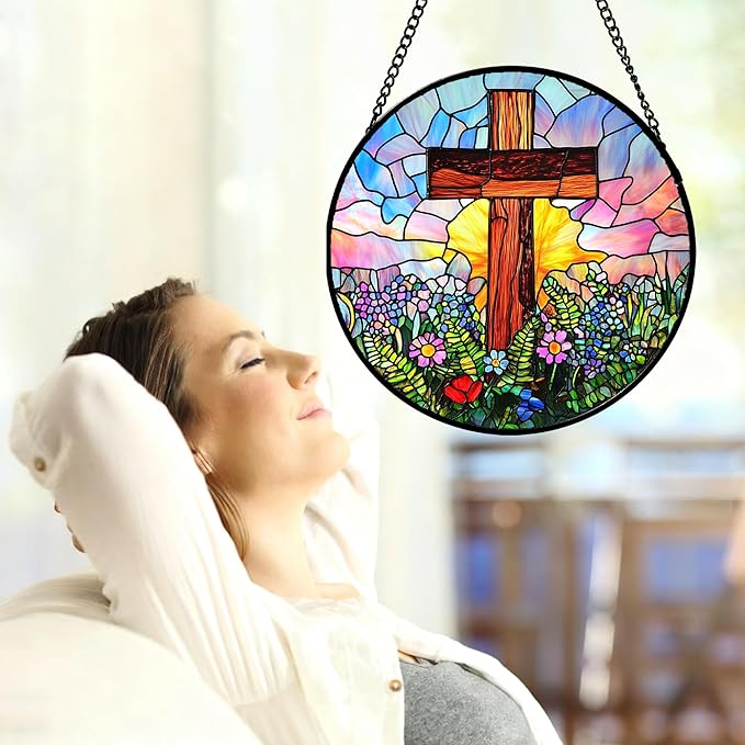 Christian Gifts for Women - Cross Stained Glass Window Hanging Jesus Easter Colorful Wildflowers Sun Catcher Garden Religion Decor Mother's Day Catholic Gift for Men Grandma Mom Her 9.8"