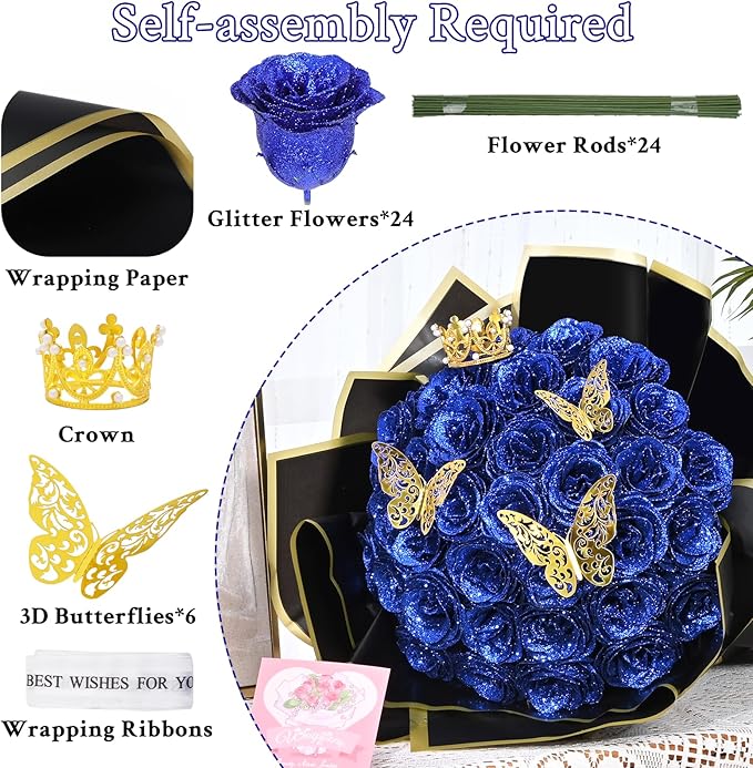 Waipfaru Glitter Roses Bouquet, DIY Fake Flowers Bouquet, Birthday Gifts for Women Mom, 24 Pcs Blue Rose for Grandma Wife Girlfriend Valentines, Mothers Day, Anniversary, Graduation