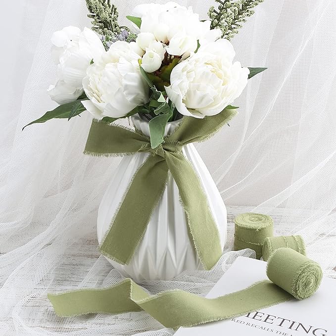 Keypan Green Ribbon 1-1/2 x 15 Yards Handmade Cotton Frayed Fringe Fabric Ribbons for Crafts Flower Bouquets Wedding Baby Shower Home DIY Decor