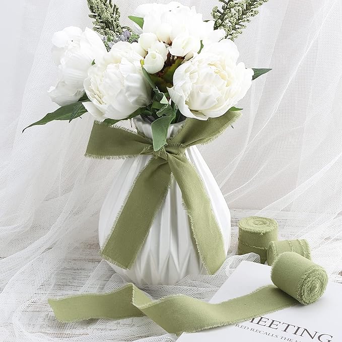 Sage Green Ribbon 1-1/2 x 15 Yards Handmade Cotton Frayed Fringe Fabric Ribbons for Crafts Flower Bouquets Wedding Baby Shower Home DIY Decor