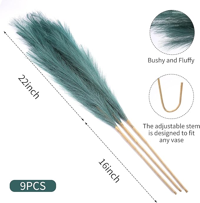 9 Stems Green Pampas Grass - 38 Inch Tall Pampas Grass Decor, Fluffy Artificial Pompas Floral for Vase Filler, Wedding, Party Farmhouse and Room Decor (Green)