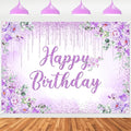 Avezano Happy Birthday Backdrop Banner for Girls Women Happy Birthday Party Decorations Floral Glitters Bday Banner Party Supplies (Purple, 7x5ft)