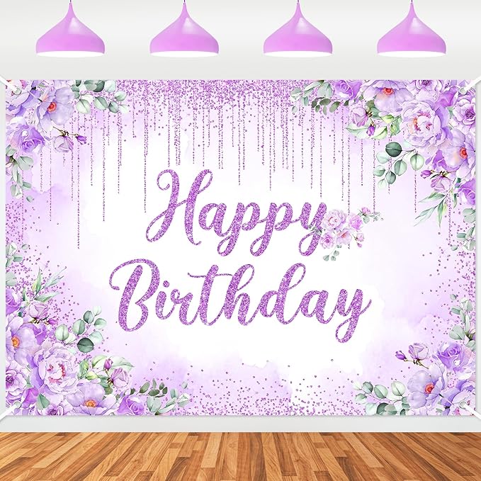 Avezano Happy Birthday Backdrop Banner for Girls Women Happy Birthday Party Decorations Floral Glitters Bday Banner Party Supplies (Purple, 7x5ft)