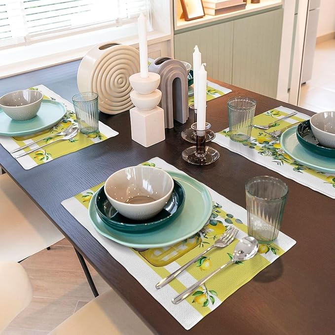 Lemon Kitchen Table Placemats Set of 4 Retro Country Floral Plant Print Placemat Indoor Outdoor Party Home Desktop Dining Room Decor 12x18 Inch